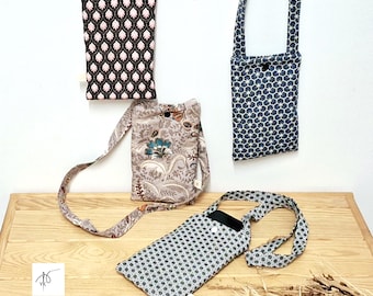 Bolso bandolera para teléfono hecho a mano, bolso de algodón para smartphone, funda para teléfono móvil con correa.