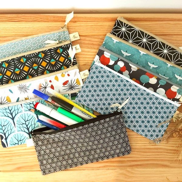 Pencil case, long pouch, zip pouch, geometric print pencil case, cotton pencil case, fabric pencil pouch, Adult pencil case, student gift