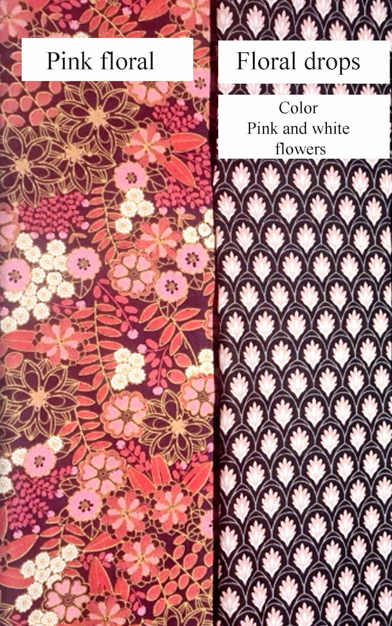 May include: Two vertical fabric swatches. The left swatch features a dark maroon background with pink and white floral patterns and the text "Pink floral". The right swatch displays a black background with a repeating pink and white petal pattern and the text "Floral drops" and "Color Pink and white flowers".