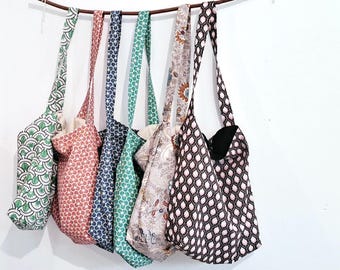 Handmade Cotton Tote Bag, Floral Geometric Print, Japanese Style Shoulder Bag