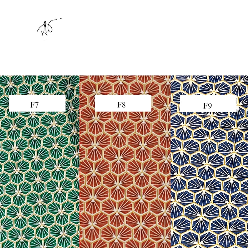 May include: Three fabric swatches with geometric patterns. The swatches are green, red, and blue, each with a repeating fan-like design within a hexagonal grid. Each swatch is labeled with a white rectangle containing the letters "F" and a number.