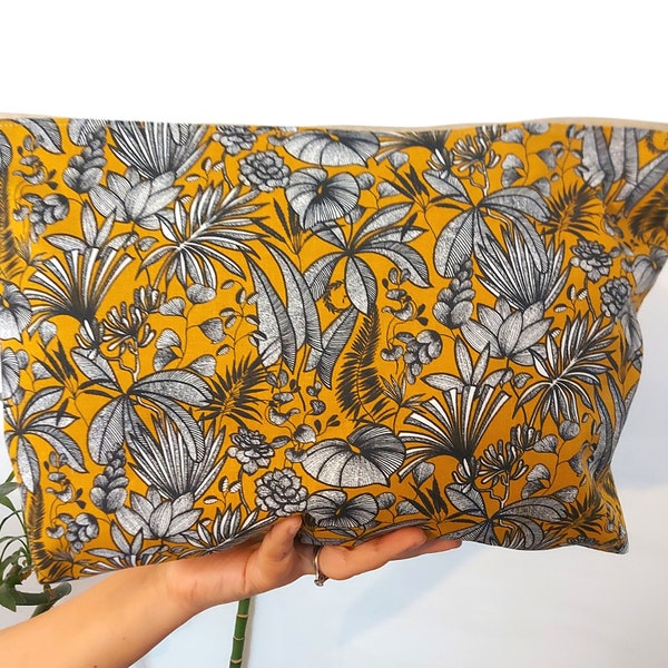 Mustard floral big zip pouch, XL toiletry bag, giant zipper pouch nappy pouch,large floral travel pouch water resistant coated cotton lining