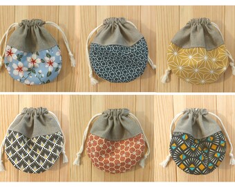 Sac pochon/Handmade medium round pouch Linen Cotton fabric drawstring floral modern gift bags storage earphones jewellery bag present pochon