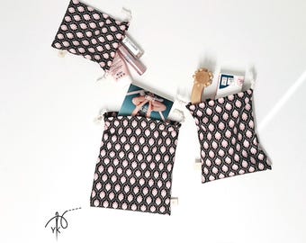 Set of Reusable Travel Organiser Bags, Handmade floral Cotton Drawstring Pouches, Eco Friendly Storage Bag Set, Travel Organiser Pouch Kit