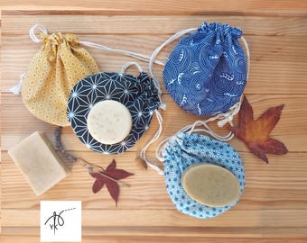Handmade Japanese Fabric Soap Pouch - Travel Soap Bag & Saver - Zero Waste Cotton Drawstring Wash Bag - Eco Friendly Gift