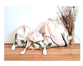 Tree Print Drawstring Bag, Handmade Cotton Gift Wrap, Reusable Fabric Pouch, Toiletry Organizer, Eco Friendly Storage Bag