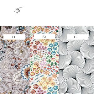 May include: Three fabric swatches with different patterns. F1 features a floral design in gray, brown, and blue. F2 showcases a colorful floral and seashell pattern. F3 displays a black and white fan-like geometric design.