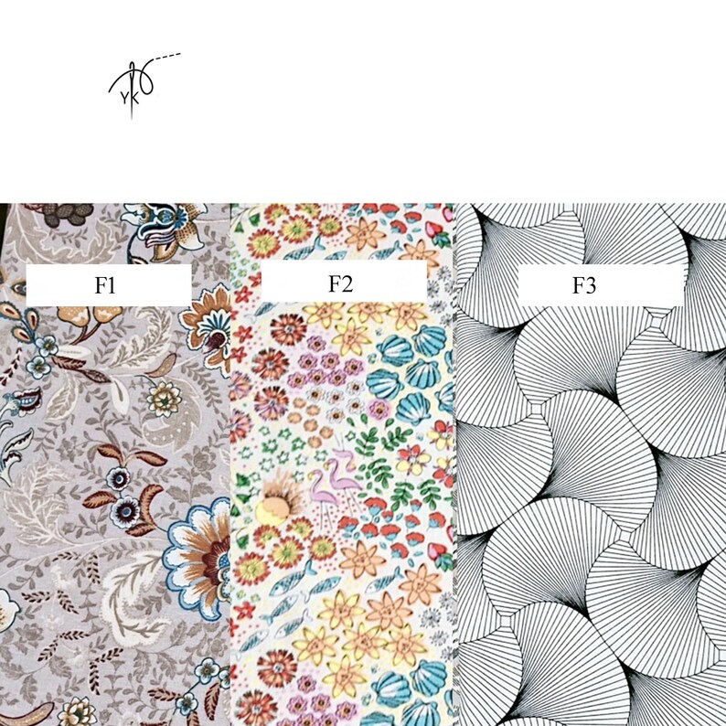 May include: Three fabric swatches with different patterns. F1 features a floral design in gray, brown, and blue. F2 showcases a colorful floral and seashell pattern. F3 displays a black and white fan-like geometric design.