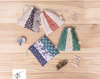 Handmade Japanese Patchwork Pouches, Small Cotton Drawstring Bags, Fabric Gift Bags, Eco Favor Bags