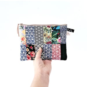 Floral Quilted Pouch, Handmade Patchwork Cosmetic Bag, cotton patchwork makeup pouch, flat padded purse, one off unique pouch made in france