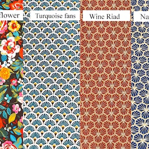 May include: Four fabric patterns: "Multi flower" with colorful floral print, "Turquoise fans" with white and turquoise fan design, "Wine Riad" with red and gold geometric pattern, and "Navy Riad" with blue and gold geometric pattern.