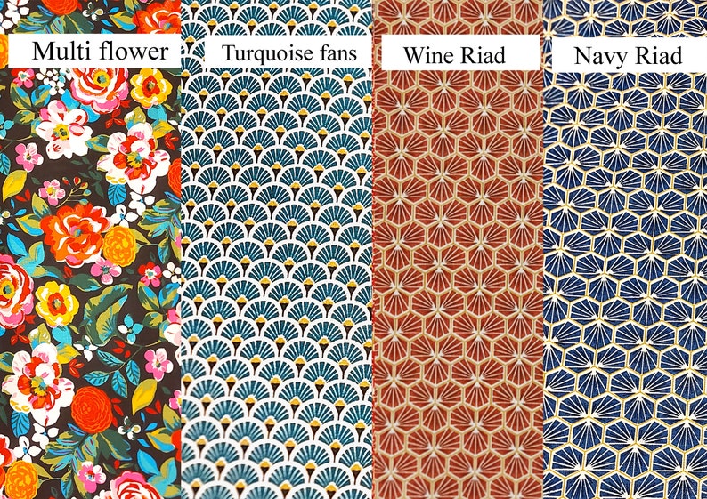 May include: Four fabric patterns: "Multi flower" with colorful floral print, "Turquoise fans" with white and turquoise fan design, "Wine Riad" with red and gold geometric pattern, and "Navy Riad" with blue and gold geometric pattern.