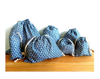Cotton Drawstring Gift Bag, Navy Blue Geometric Print, Reusable Japanese Gift Wrap Pouch, Pochon Cadeau