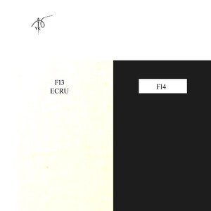 May include: A split-screen graphic featuring a needle and thread logo at the top. The left side is a cream-colored background with the text F13 ECRU. The right side is a solid black background with a white rectangular label containing the text F14.