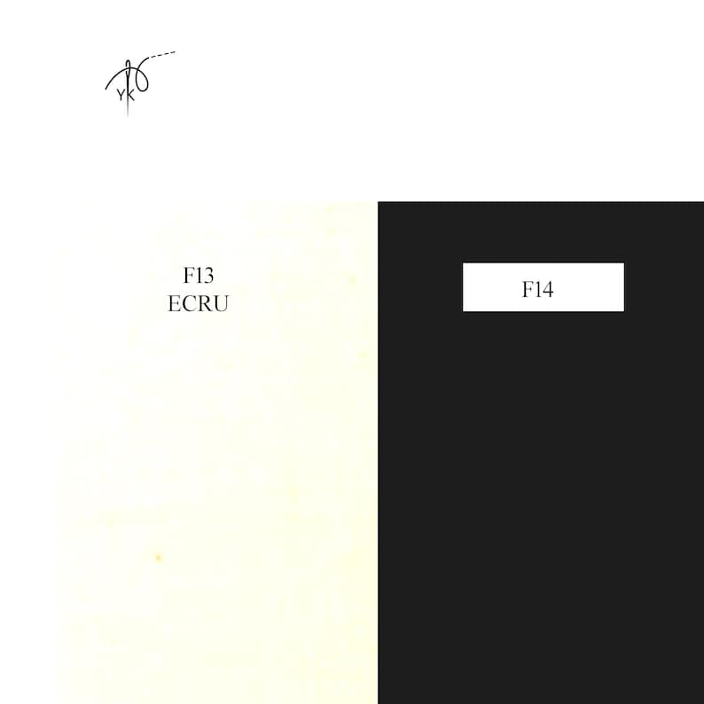 May include: A split-screen graphic featuring a needle and thread logo at the top. The left side is a cream-colored background with the text F13 ECRU. The right side is a solid black background with a white rectangular label containing the text F14.