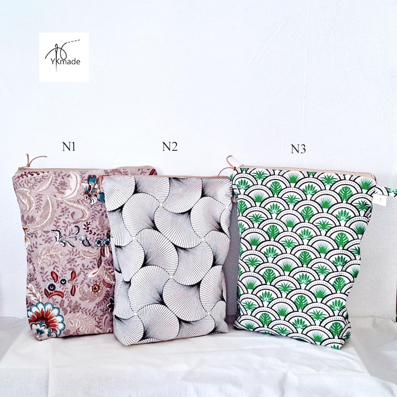 May include: Three zippered pouches with different patterns. The first pouch has a floral design in shades of pink, red, and blue. The second pouch has a black and white fan-like pattern. The third pouch has a green and white geometric design. The pouches are labeled N1, N2, and N3.