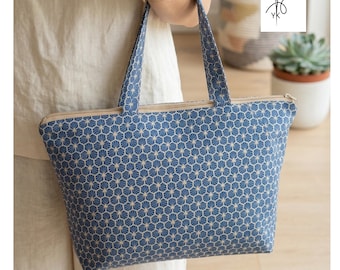 Navy Blue Japanese Print Large Toiletry Bag, Handmade Coated Cotton Travel Bag, Cosmetic & Weekend Bag