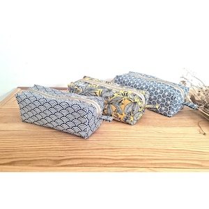 Handmade Pencil Case: floral cotton pencil case, Japanese Wave pencil case, cosmetic bag, rectangle pencil case, office gift, student gift,