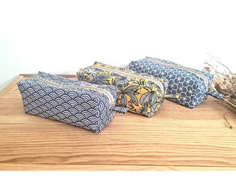 Handmade Pencil Case: floral cotton pencil case, Japanese Wave pencil case, cosmetic bag, rectangle pencil case, office gift, student gift,