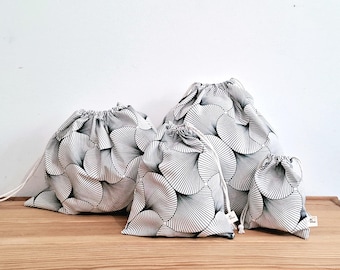 Black White Striped Drawstring Bag, Cotton Gift Wrap, Reusable Favor Bags Bulk, Christmas Birthday Pouches, Fabric Storage