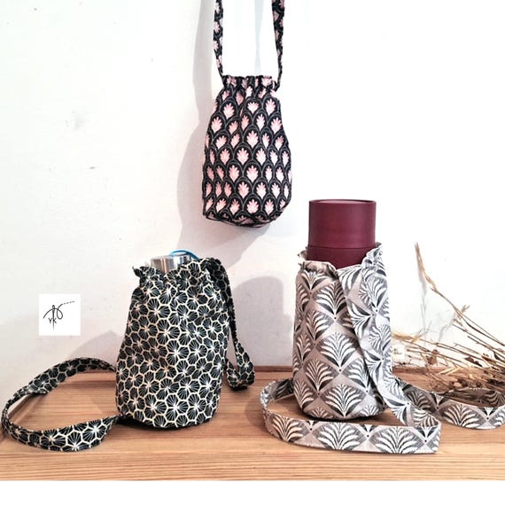 Handmade Cotton Crossbody Bottle Bag, Water Bottle Holder, Drink Carrier for Adults & Kids