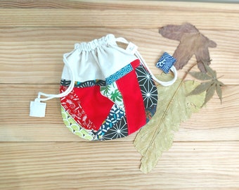 Handmade Patchwork Drawstring Pouch, Colorful Cotton Cosmetic Bag