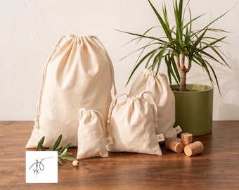 Off White Cotton Drawstring Bags, Handmade ecru Gift Pouches, Reusable Dust Bags for Jewelry & Wedding Favors, Natural Cotton Project Bag
