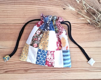 Patchwork pouch, drawstring pouch, Storage pouch, bulk bag, pochon, upcycled cotton pouch, fabric pouch unique pouch Handmade bag, ykmade