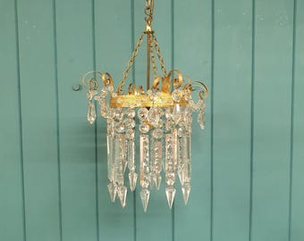 Antique Brass & Cut Glass Spike Chandelier 12"