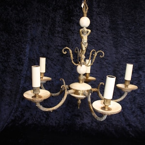 Early 20th century French five arm brass and alabaster chandelier