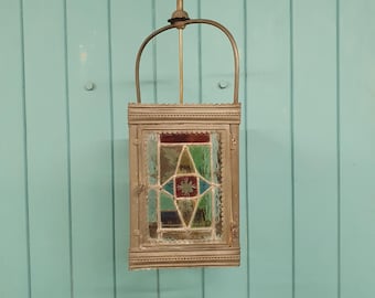 Lampada da ingresso antica con vetri a piombo, risalente al 1880 circa, 20 cm.