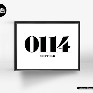 May include: Black and white print of the number 0114 with the word "SHEFFIELD" underneath.