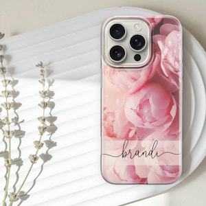 Gepersonaliseerde bloemen telefoonhoesje aangepaste naam Rose Peony Cover voor iPhone 16 pro max 15 14 13 12 11 XR, Samsung S25 S24 Fe S23 A56 A16 Pixel 9