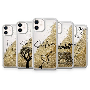 Capa personalizada com glitter líquido dourado para iPhone, nome personalizado, capa flutuante brilhante para iPhone 15 pro max, 14, 13, 12 mini, 11, XR, Xs max, 7, 8