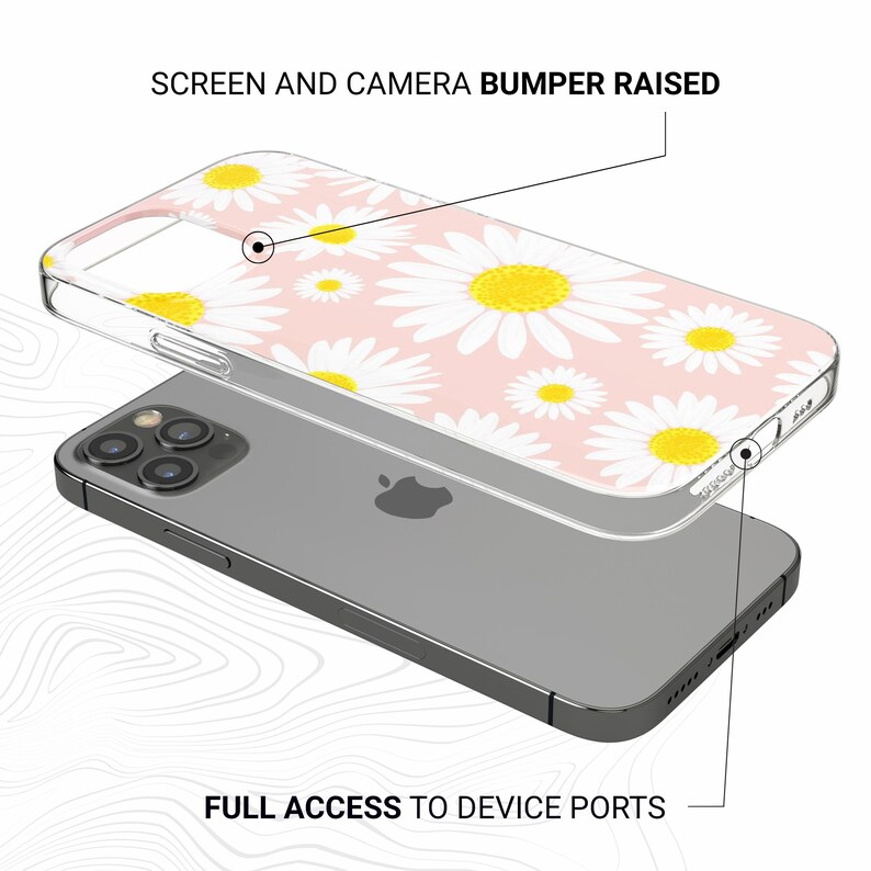 Pode incluir: Uma capa de telefone transparente com um padr&atilde;o de margaridas, com p&eacute;talas brancas e centros amarelos sobre um fundo rosa. A capa foi projetada para proteger a tela e a c&acirc;mera, com acesso total &agrave;s portas do dispositivo. O texto na imagem diz "SCREEN AND CAMERA BUMPER RAISED" e "FULL ACCESS TO DEVICE PORTS".