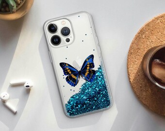 Transparente IPhone 15 Pro Hülle Mit Blauen Schmetterlingen – Stoßfest, TPU, Für Frauen & Mädchen