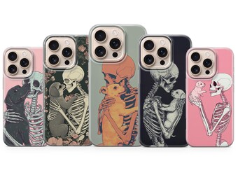 Skeleton and Dog Phone Case Creepy Gothic Aesthetic Cover for iPhone 16 pro max 15 14 13 12 Pro 11 XR 8 Samsung S25 S24 Fe A16 A56 S23 Pixel