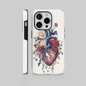 May include: White iPhone case featuring a graphic of a human heart with roots and flowers. The flowers are red, pink, and white.