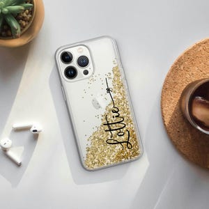 Funda para iPhone con purpurina líquida dorada y nombre personalizado, cubierta flotante brillante para iPhone 15+, 14 pro, 13 mini, 12, 11, XR, 7, 8, 6, Xs max, SE