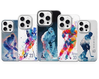 Personalized Ice Hockey Phone Case Custom Name Cover for iPhone 17 pro max 16e 15 14 13 12 XR, Samsung S25 S24Fe S23 A17 A36 A56, Pixel 10