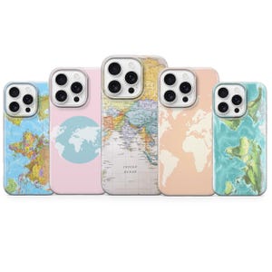 May include: Five phone cases with world map designs. The cases feature a variety of colors, including blue, pink, and peach. One case has a world map with the text "Indian Ocean". The cases are designed to protect the phone.