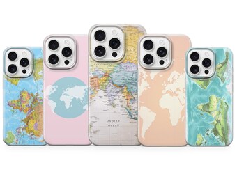 World Map Phone Case Travel Globe Cover for iPhone 17 pro max 16e 15 14 13 12 Pro 11 XR 8, Samsung S25 S24FE A56 A54 A53 A16 S23, Pixel 9/10