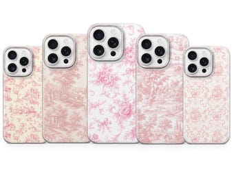 Pink French Toile Phone Case Vintage Cover for iPhone 17 pro max 16e 15  14 13 12 11 XR 8, Samsung S26 S25 S24Fe S23 A57 A37 A16, Pixel 10
