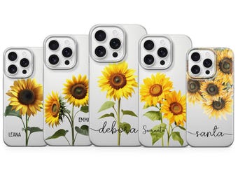 Capa de celular transparente com estampa de girassol personalizada para iPhone 16 Pro Max, 15 Plus, 14, 13, 12 Mini, 11 XR, Samsung S25, S24 Fe, S23, A56, A16, Pixel 10