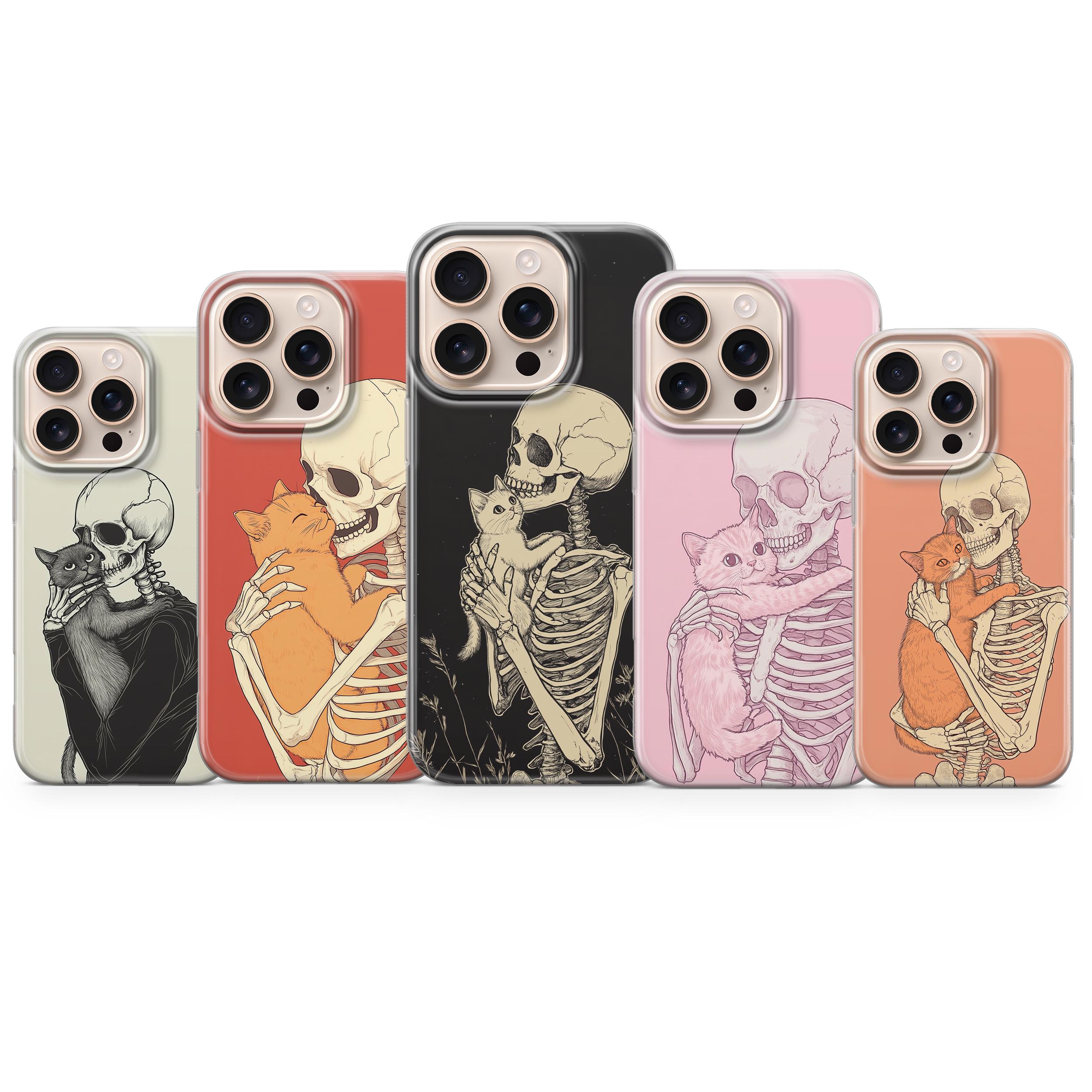 Skeleton and Cat Phone Case Creepy Gothic Aesthetic Cover for iPhone 16 pro max 15 14 13 12 Pro 11 XR 8 Samsung S25 S24 Fe A16 A56 S23 Pixel