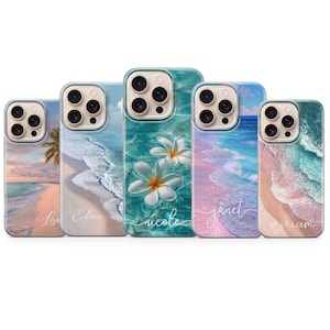 Custom Beach Ocean Phone Case Personalized Name Tropical Cover for iPhone 16 pro max 15 14 13 12 plus 11 XR 8, Samsung S25 S24 Fe A16 A56