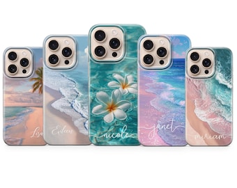 Custom Beach Ocean Phone Case Personalized Name Tropical Cover for iPhone 16 pro max 15 14 13 12 plus 11 XR 8, Samsung S25 S24 Fe A16 A56