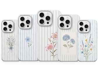Minimalist Floral Phone Case Blue Striped Cover for iPhone 17 pro max 16e 15 14 13 12 11 XR 8, Samsung S26 S25 S24Fe A57 A37 A56, Pixel 10