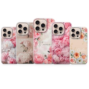 Custom bloemen telefoonhoesje elegante pioen hoes met naam voor iPhone 16 15 14 13 12 11 XR 7 8 Samsung S25 S24 S23 S22 S21 A16 A56 A55 Pixel 8 9