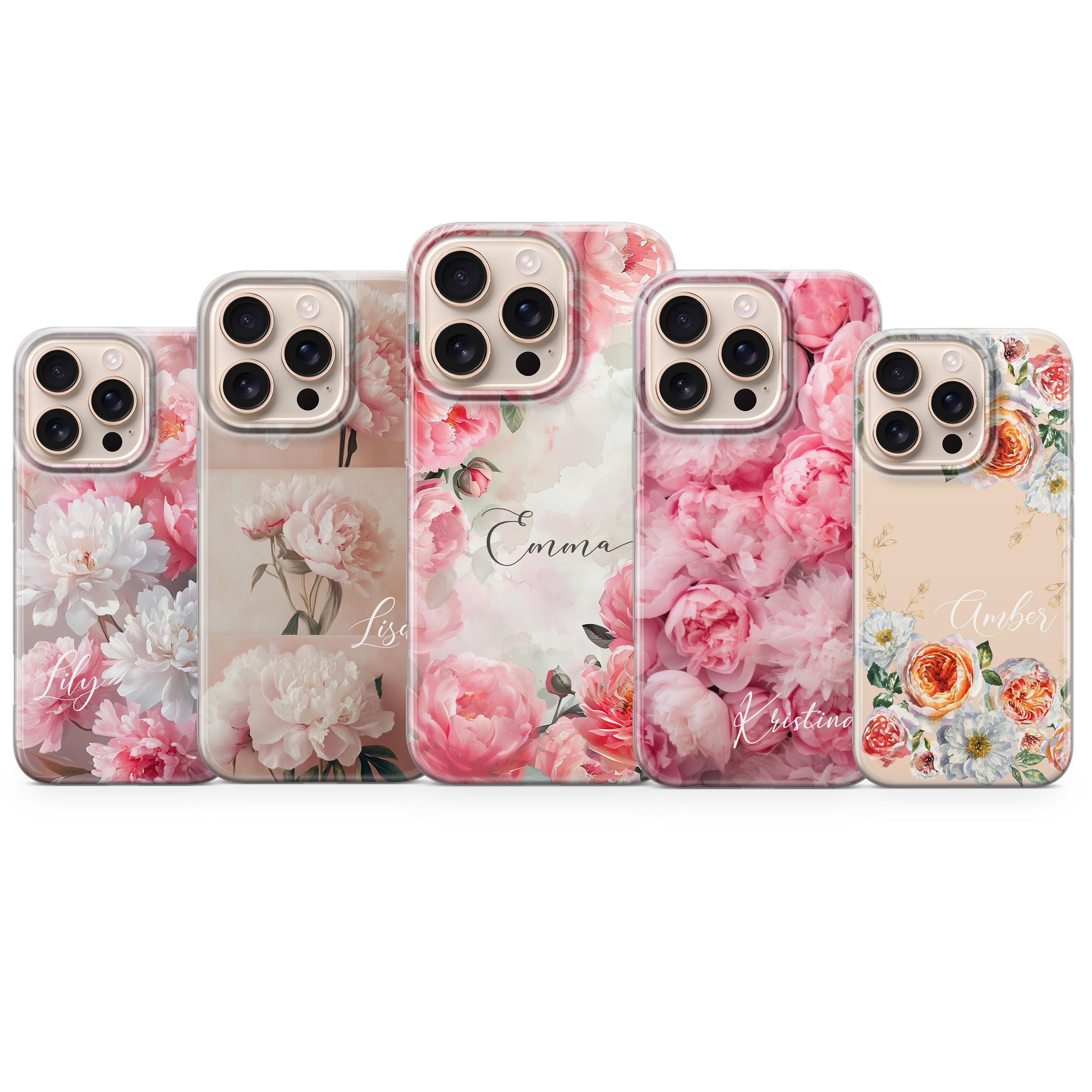 Custom Floral Phone Case Elegant Peony Cover with Name for iPhone 16 15 14 13 12 11 XR 7 8 Samsung S25 S24 S23 S22 S21 A16 A56 A55 Pixel 8 9